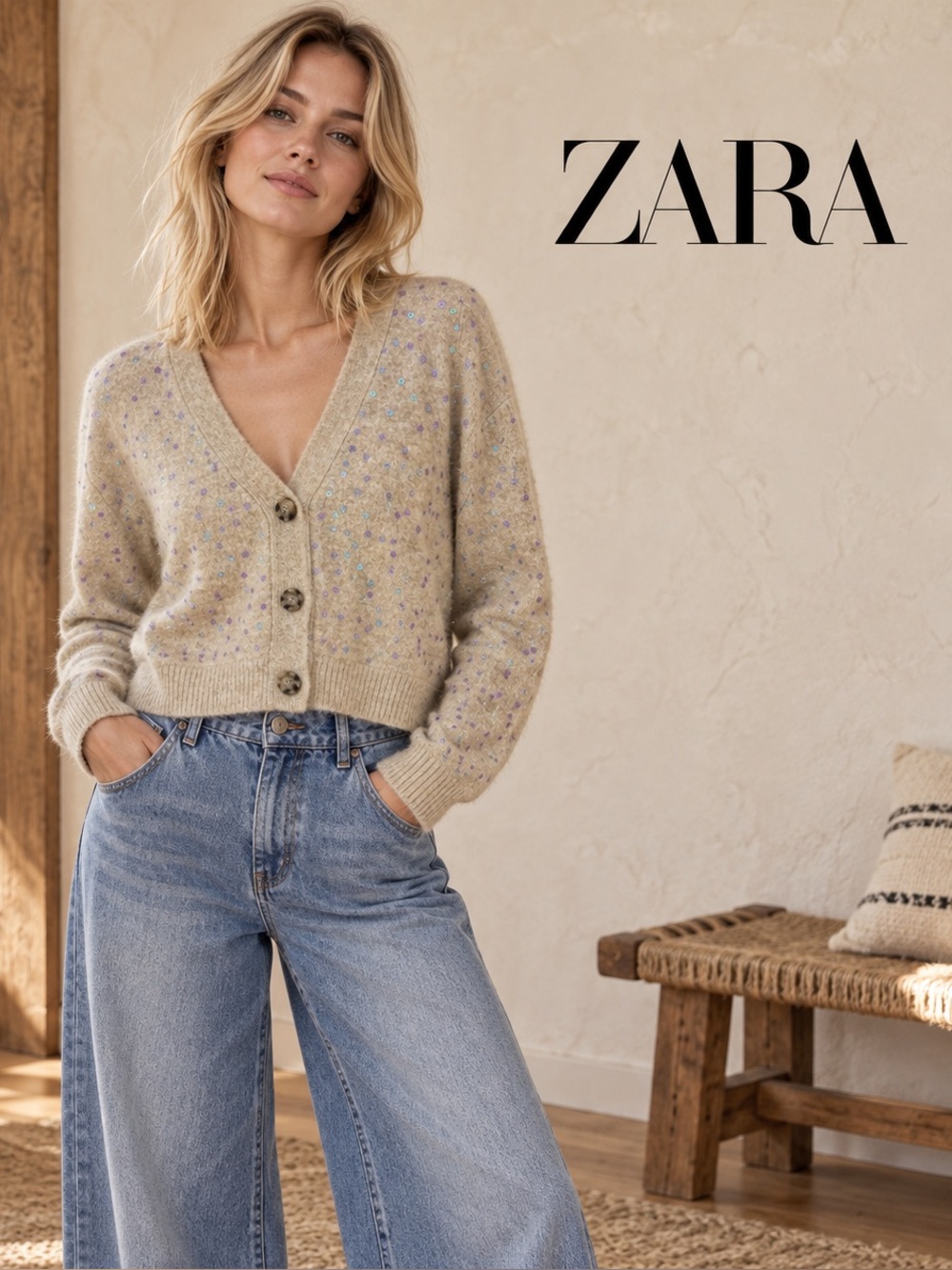 🌸Y2K ZARA Cropped Cream Flecked V-Neck Button Cardigan size M Wool Blend Preppy